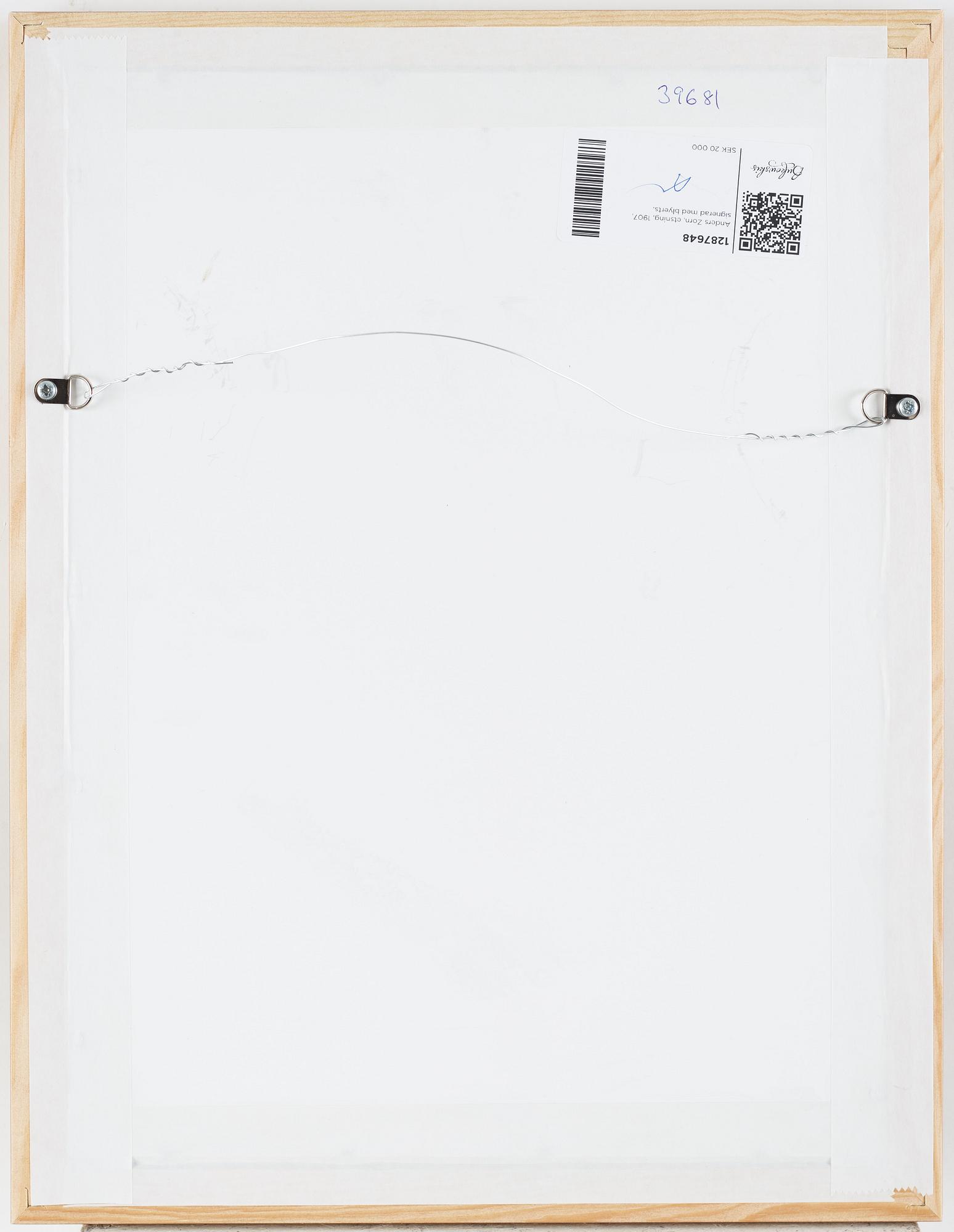 Anders Zorn, etching, 1907, signed in pencil.
