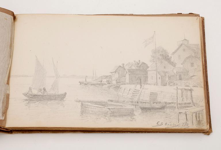 ALBUM MED TECKNINGAR, bla 2 st av Carl Larsson, Carl Skånberg, Fritz Thaulow, Per Ekström. Mest 1870 och 1880-tal.