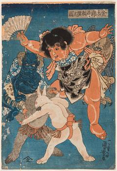 UTAGAWA KUNIYOSHI (1798-1861), färgträsnitt. Japan, 1845. "Kintara".