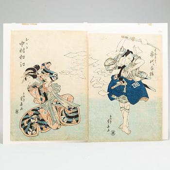 Five Japanese colored woodblock prints, including KUNIYOSHI, SHIGEHARU, KUNISADA, 19th century.