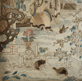 A silk embroidery with a scene from court life, Qing dynasty (1662-1912).