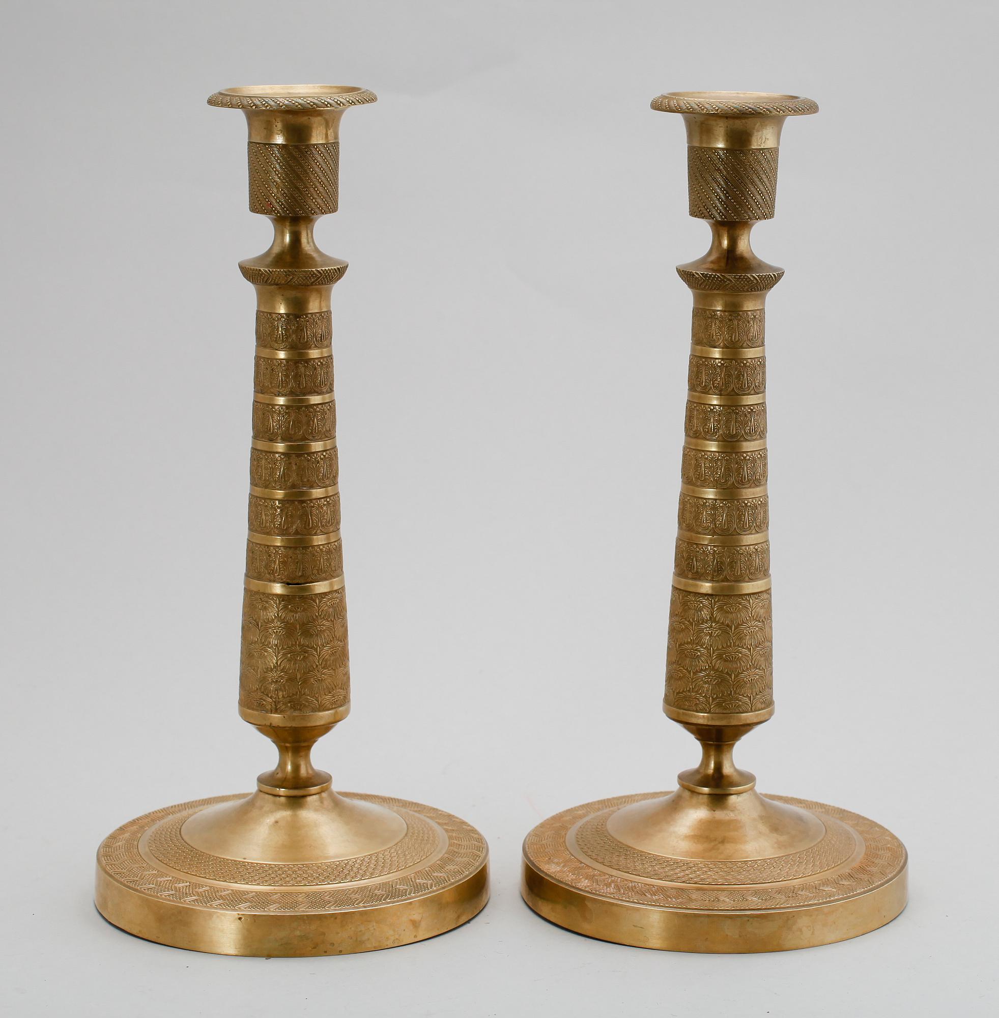 LJUSSTAKAR, 1 par, brons, empire, tidigt 1800-tal.