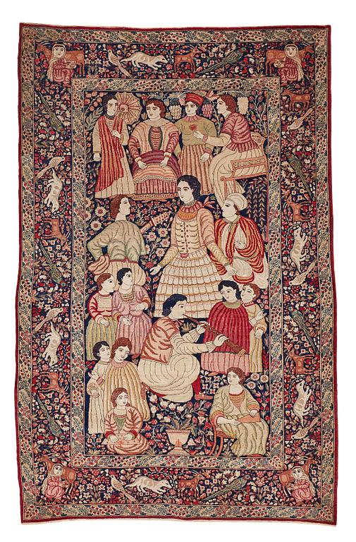 Matta, antik Kirman Laver figural, ca 238-242 x 153-157 cm (samt en kortsida med 1 cm slätväv).
