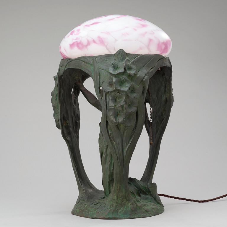 An Alice Nordin Art Nouveau patinated bronze table lamp, Herman Bergman, Stockholm 1912.