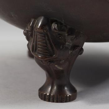 A bronze tripod censer with cover and stand, Qing dynasty, 17/18th Century.