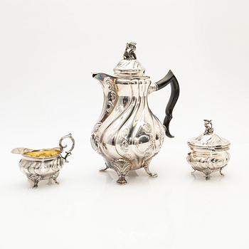 Coffee service, 3 pieces, silver, Rococo style, 1960s.