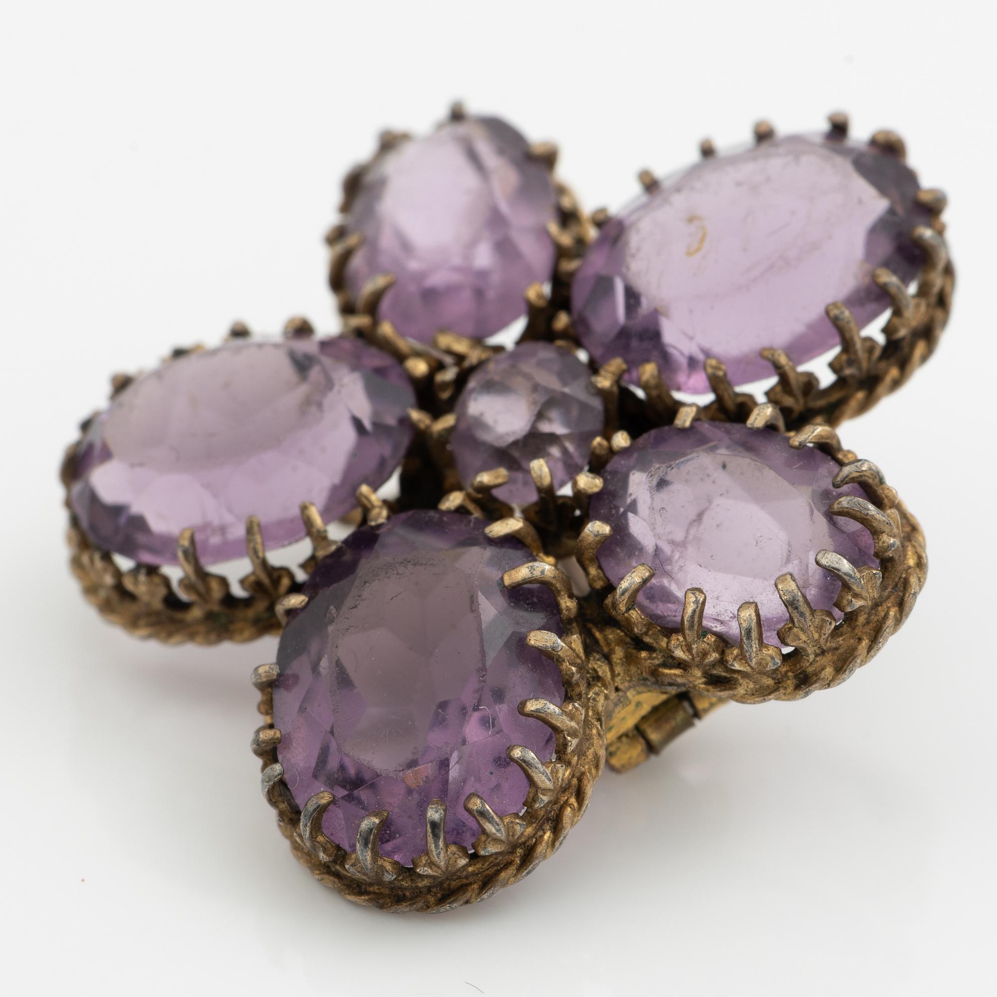 Garniture, necklace and bracelet silver with amethysts, brooch gold-coloured metal with purple paste stones,