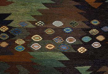 Barbro Nilsson, a carpet, "Tånga brun och grön", flat weave, ca 223 x 153-155 cm, signed AB MMF BN.