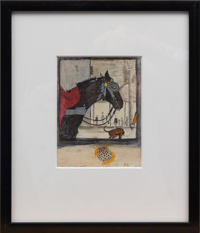 HUGO SIMBERG, STADSBILD MED HÄST OCH HUND.