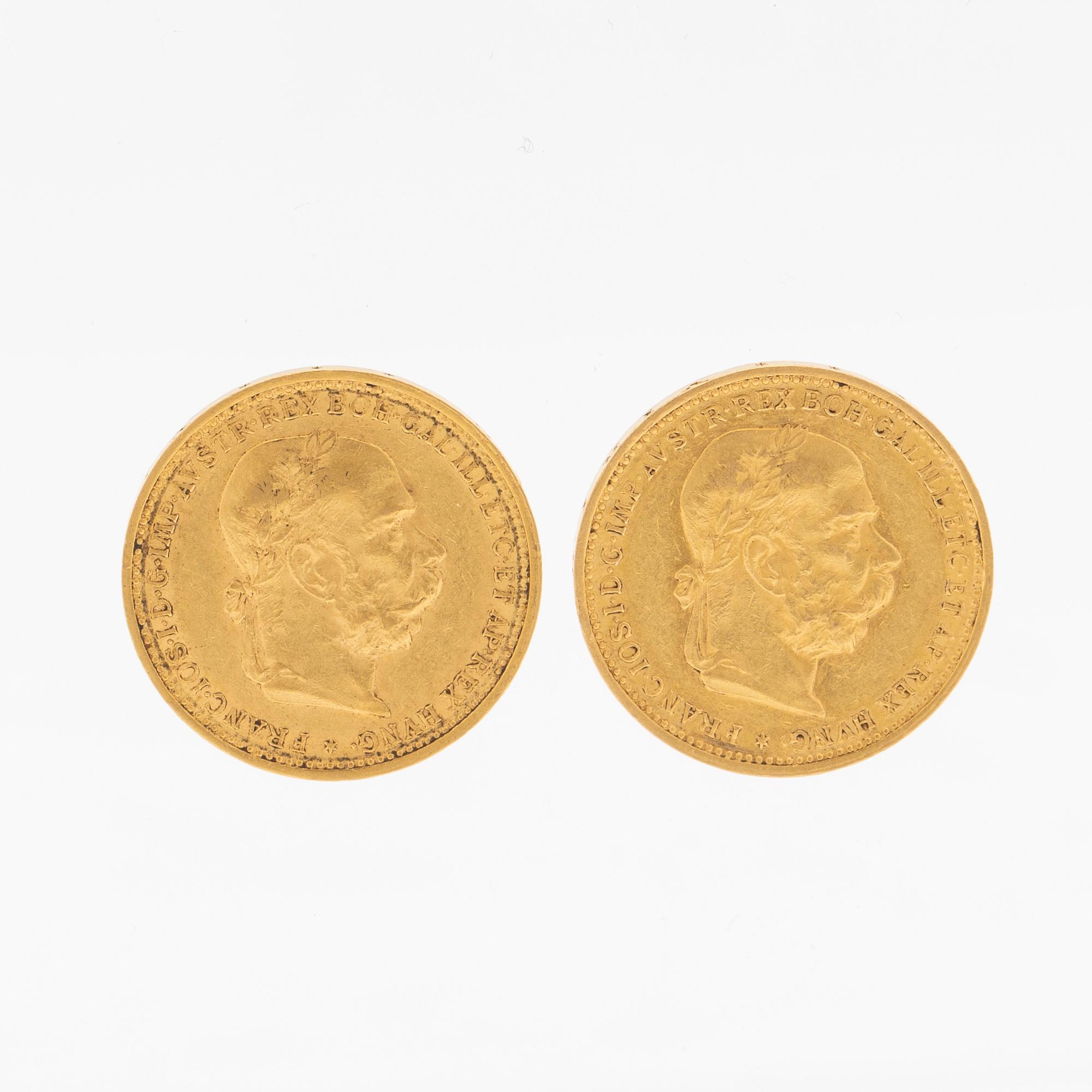 Mynt 2 st 20 Coronae guld, Österrike-Ungern 1894 och 1896.