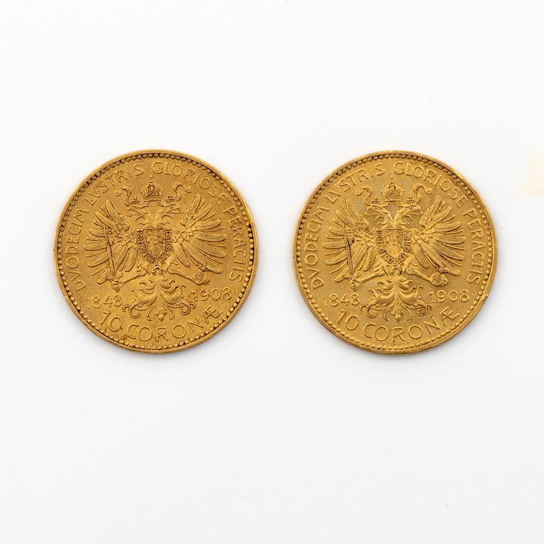 Gold coins 2 pcs, Austria, 10 Corona 1846-1908.