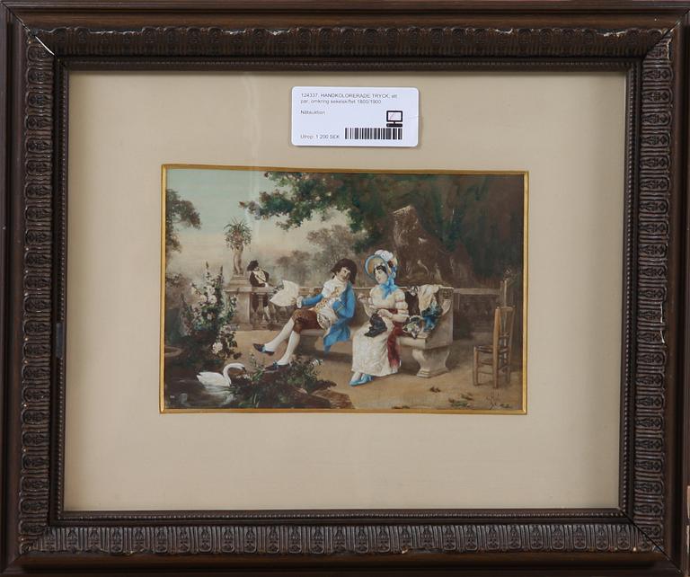 HANDKOLORERADE TRYCK, ett par, omkring sekelskiftet 1800/1900.