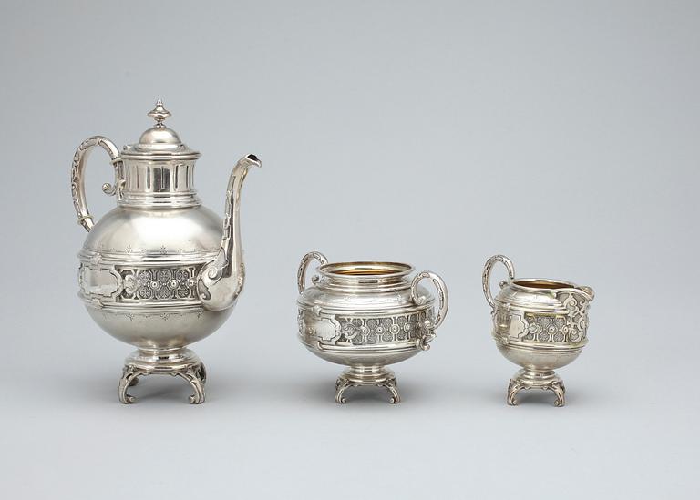 KAFFESERVIS, 3 delar silver, nyrenässans, Carl August Nilsson Malmö 1888, totalvikt ca 770 gr.