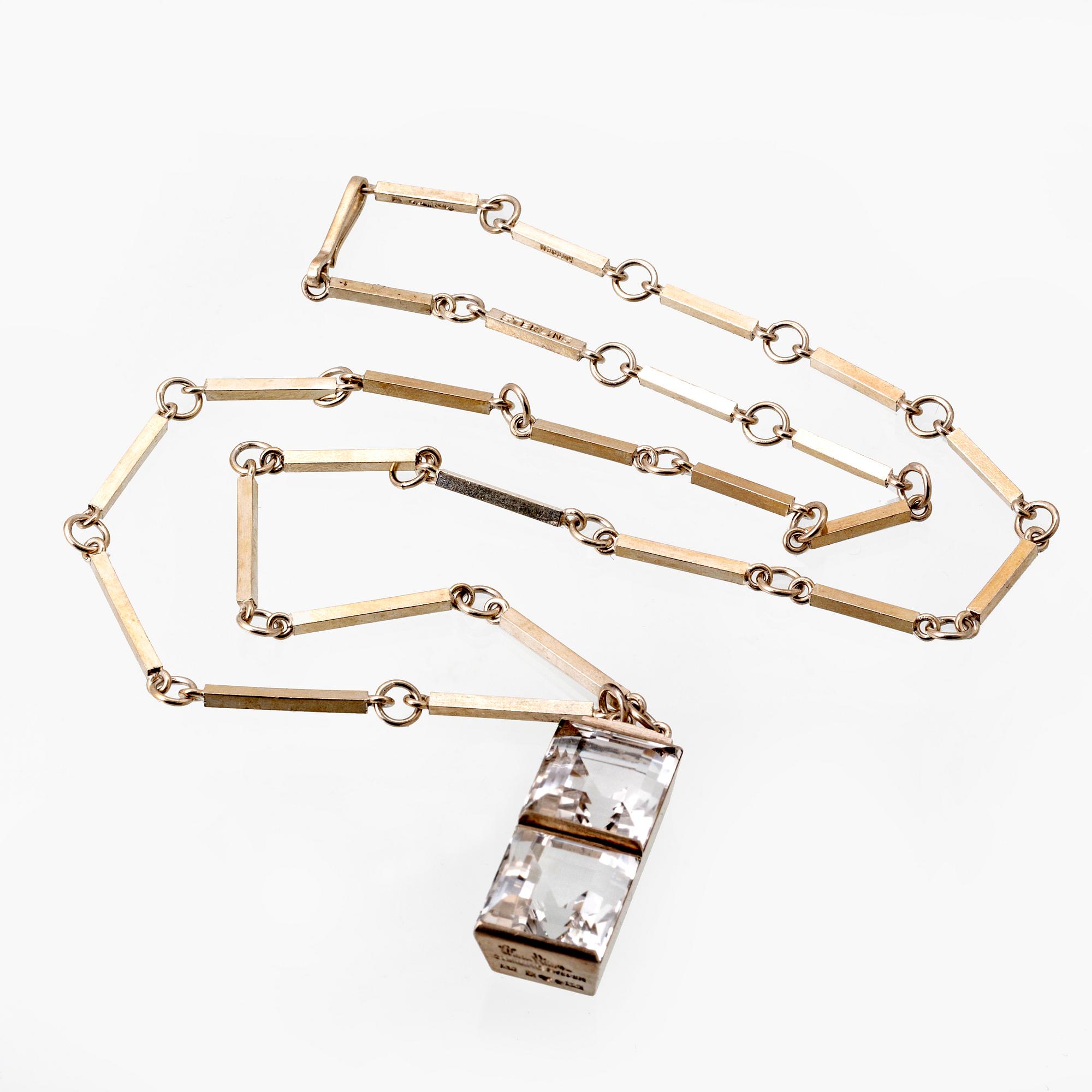Wiwen Nilsson, pendant on chain, sterling silver, two rock crystal sapprox 15 x 15 mm each, Lund 1945.
