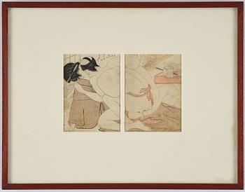 Oidentifierade konstnärer, färgträsnitt, shunga, albumblad, tre diptyker, Japan, 1800-tal.
