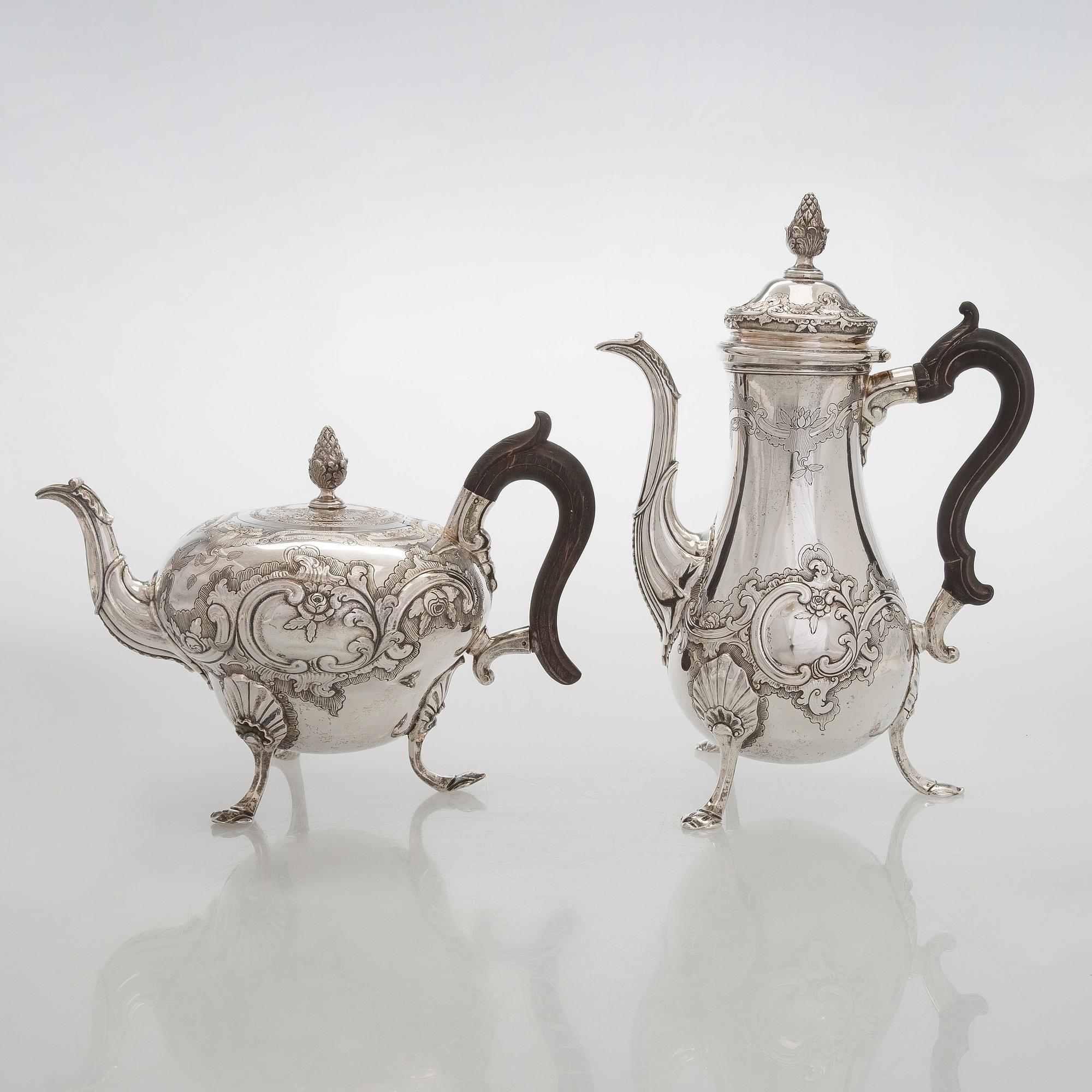 Kaffe- och teservis, 4 delar, silver, rokoko, Portugal, 1780-tal, olika silversmeder.