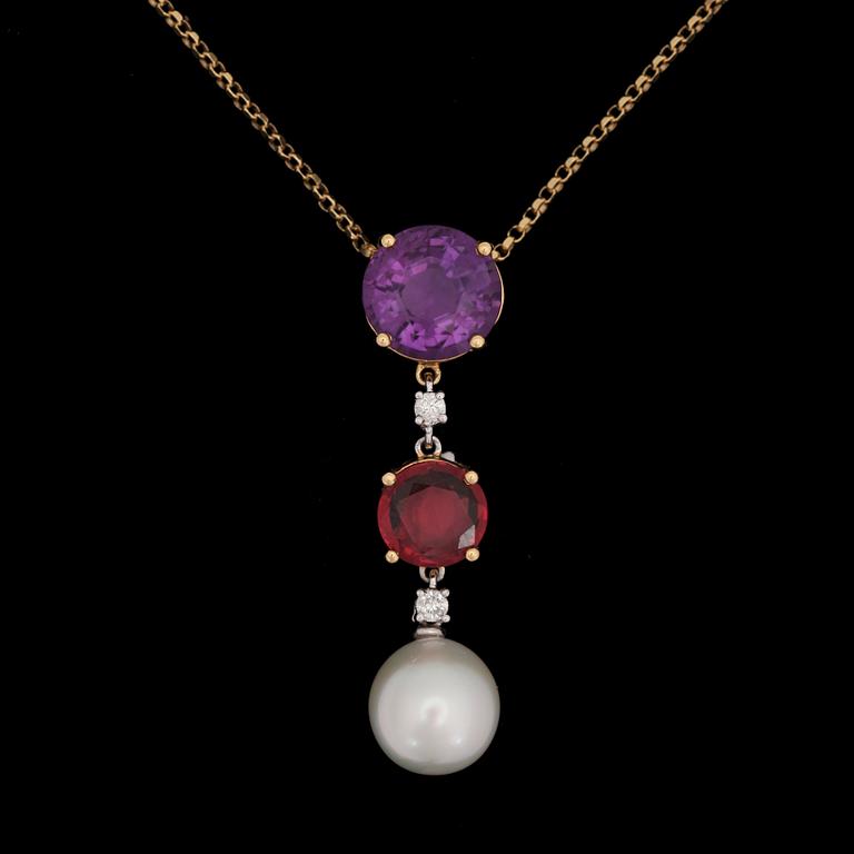 A cultured South sea pearl, amethyst and granet pendant set with a brilliant-cut diamonds, total carat weight 0.15 ct.