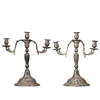 A pair of Swedish Rococo pewter three-light candelabra by A. Wetterquist 1774.