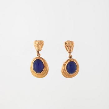 A pair of earrings, probably set with blue chalcedony by E Johansson, Stockholm, 1955.