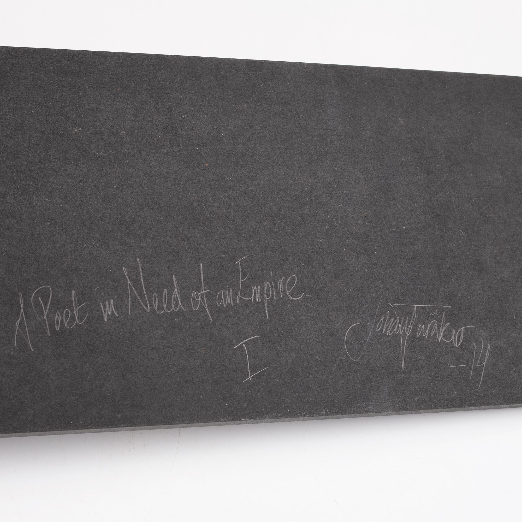 Johan Furåker, signed and dated -14. Objects, mixed media and panel on wooden shelf.