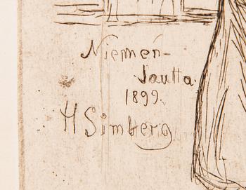 Hugo Simberg, viivasyövytys, laattasigneerattu ja merkattu "Niemenlautta 1899".