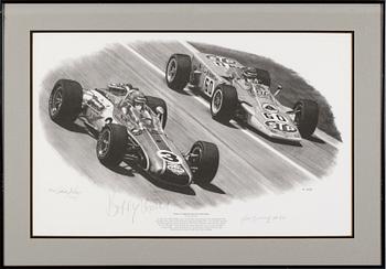 DAVID GRAY, 2 st, litografier, signerade samt med autografer bla Mario Andretti, numrerade 171/500 resp 280/500.