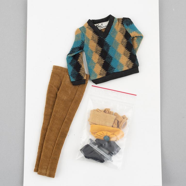 Clothing sets, Ken, 4 pcs, including "Dr Ken, 793" & "Ken, Holiday, 1414", Mattel, 1960s.