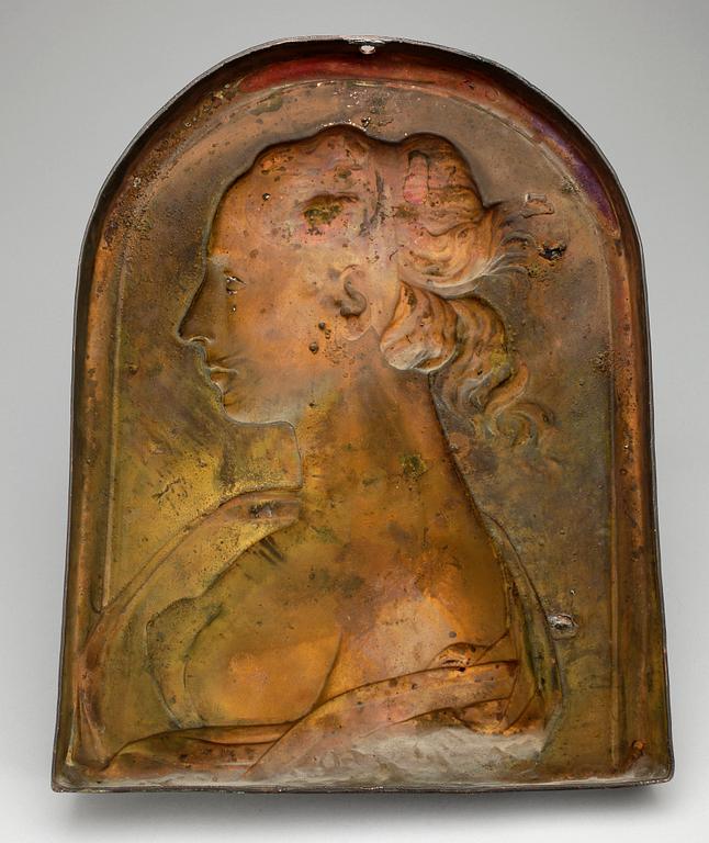 VÄGGPLAKETT, patinerad brons, jugend, 1900-talets början.