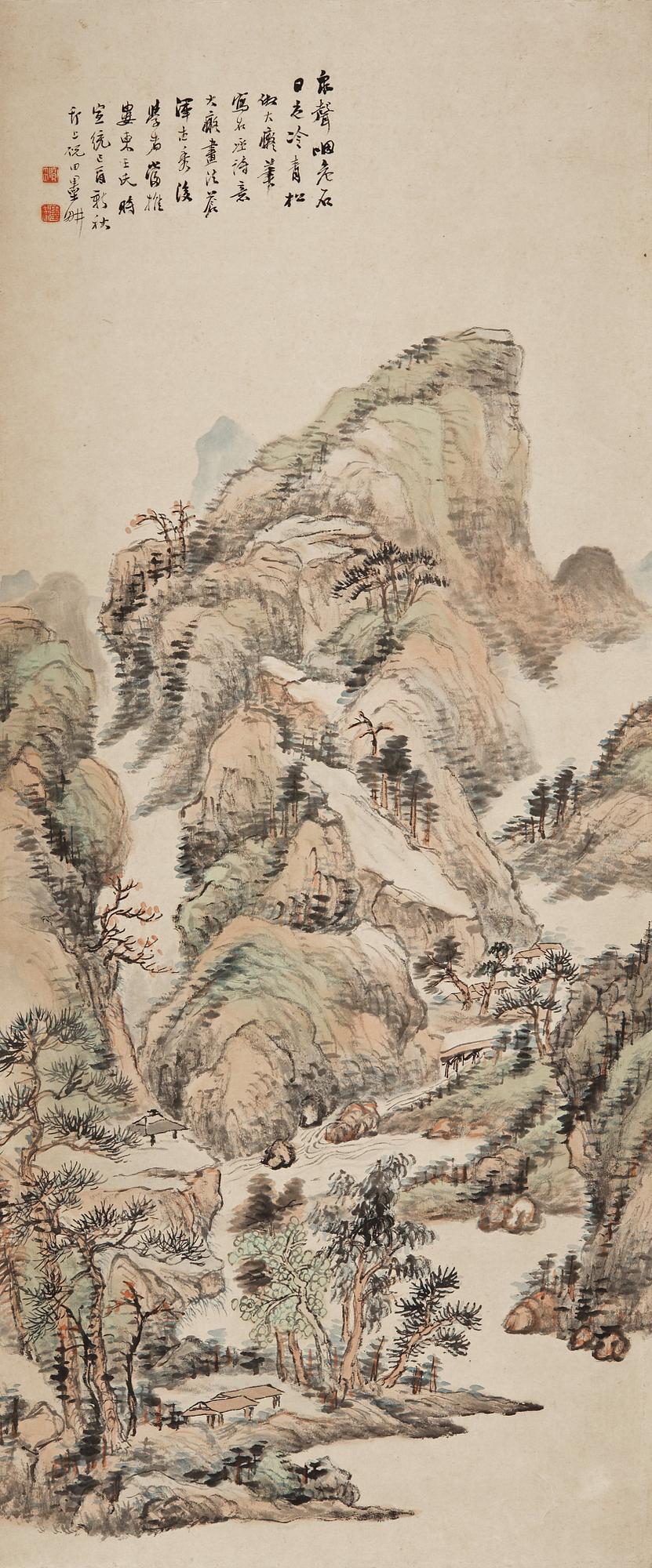 RULLMÅLNING, av Ni Tian (1855-1919), signerad och daterad (1909), berg och flodlandskap.