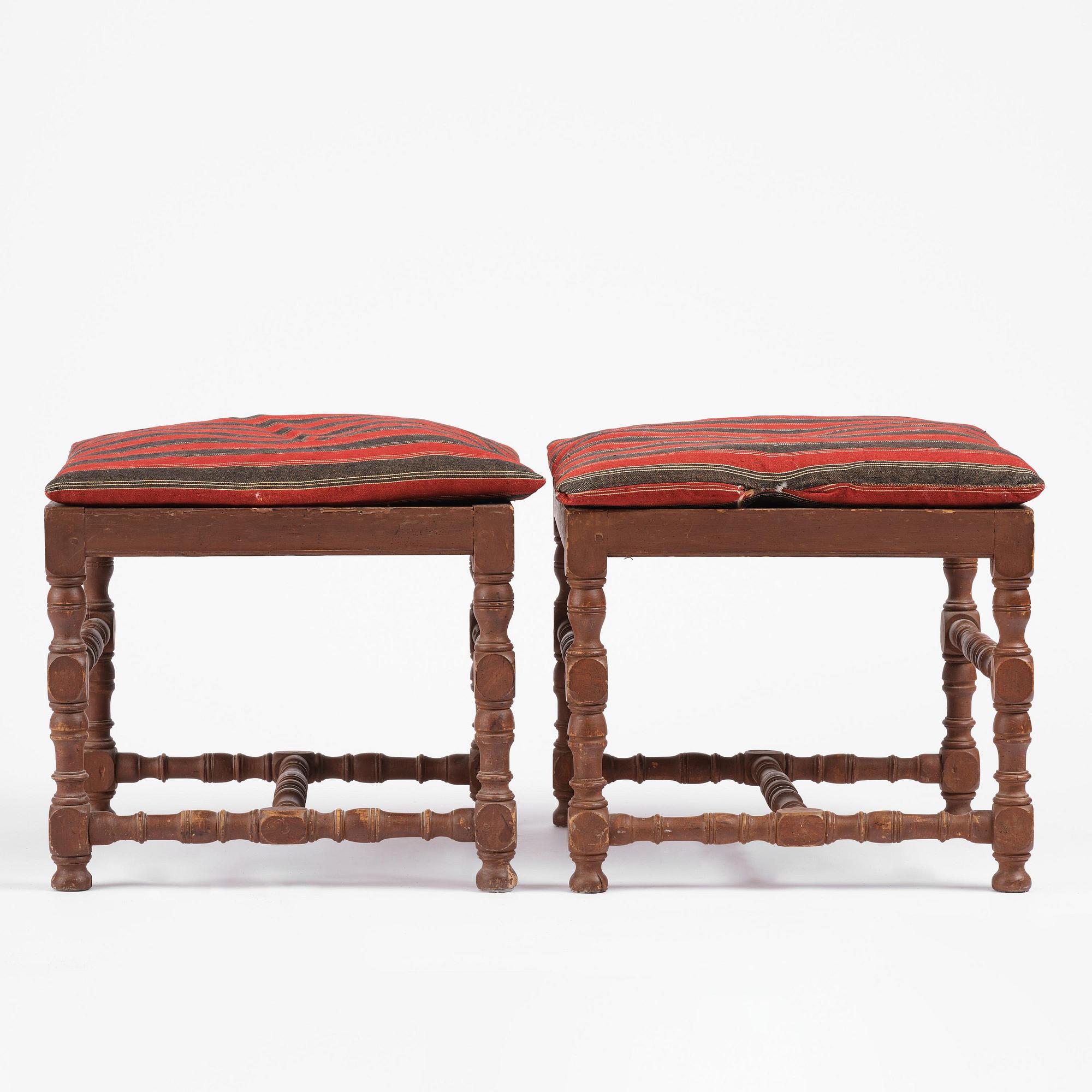 A pair of Swedish baroque stools, circa 1700.