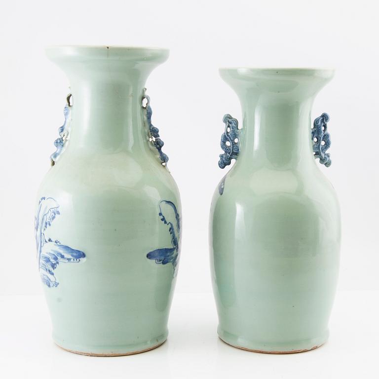 Two underglaze blue and celadon ground vases, late Qing dynasty and 20th century.