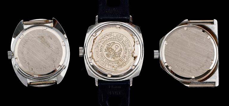 ARMBANDSUR, 3 st, stål, Tenor-Dorly, Sutton och Basis Hunter, 1970-tal.