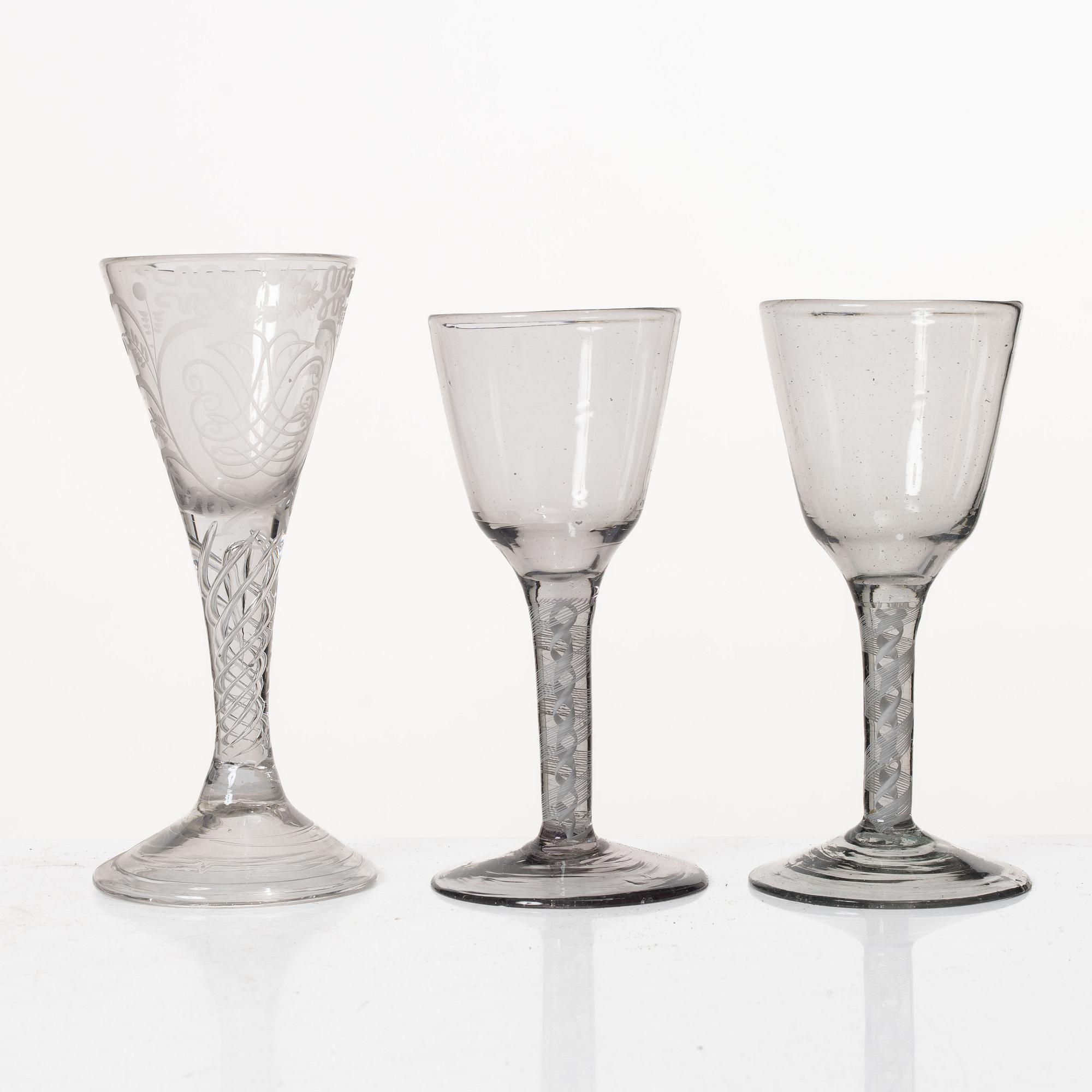 Three spiral-stemmed glasses, 18th Century.