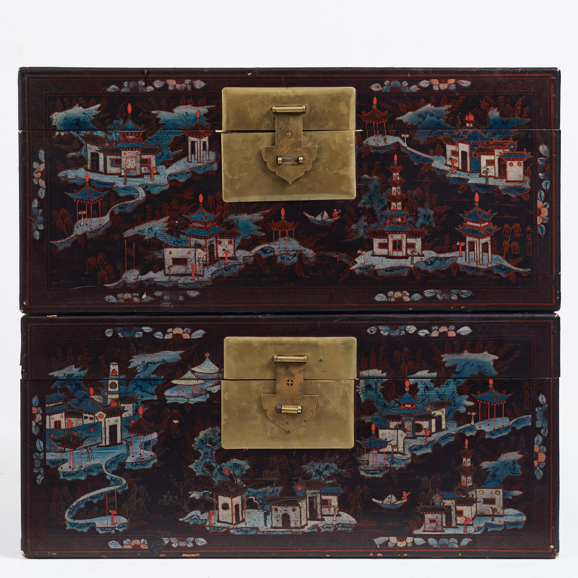 Two Chinese lacquered chests, Qing dynasty, 19th Century.