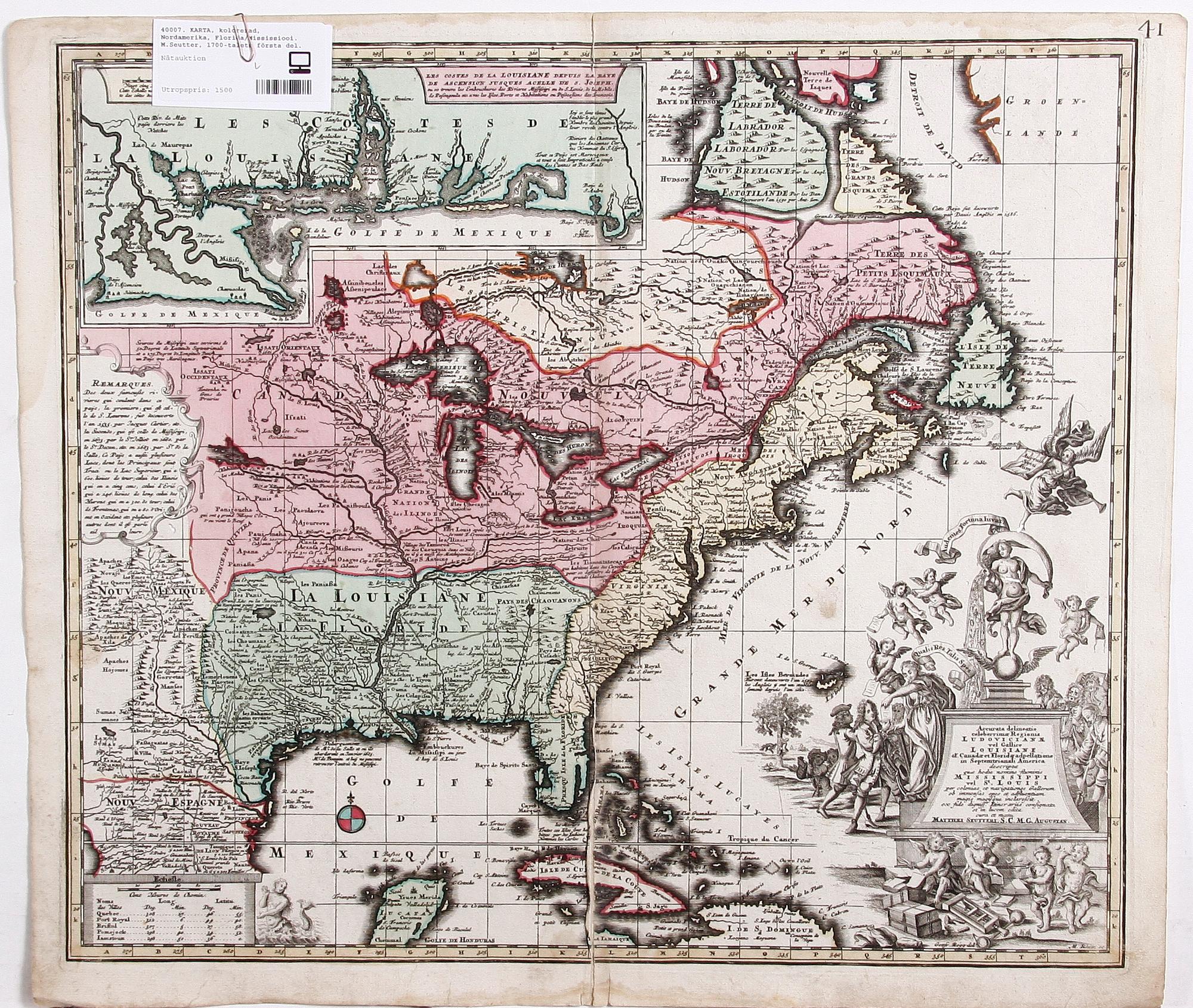 KARTA, kolorerad, Nordamerika, Florida/Mississippi. M.Seutter, 1700-talets första del.
