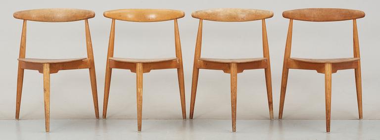STOLAR, 4 st, "Hjertestolen" Hans J Wegner, Fritz Hansen, Danmark, 1950-tal.