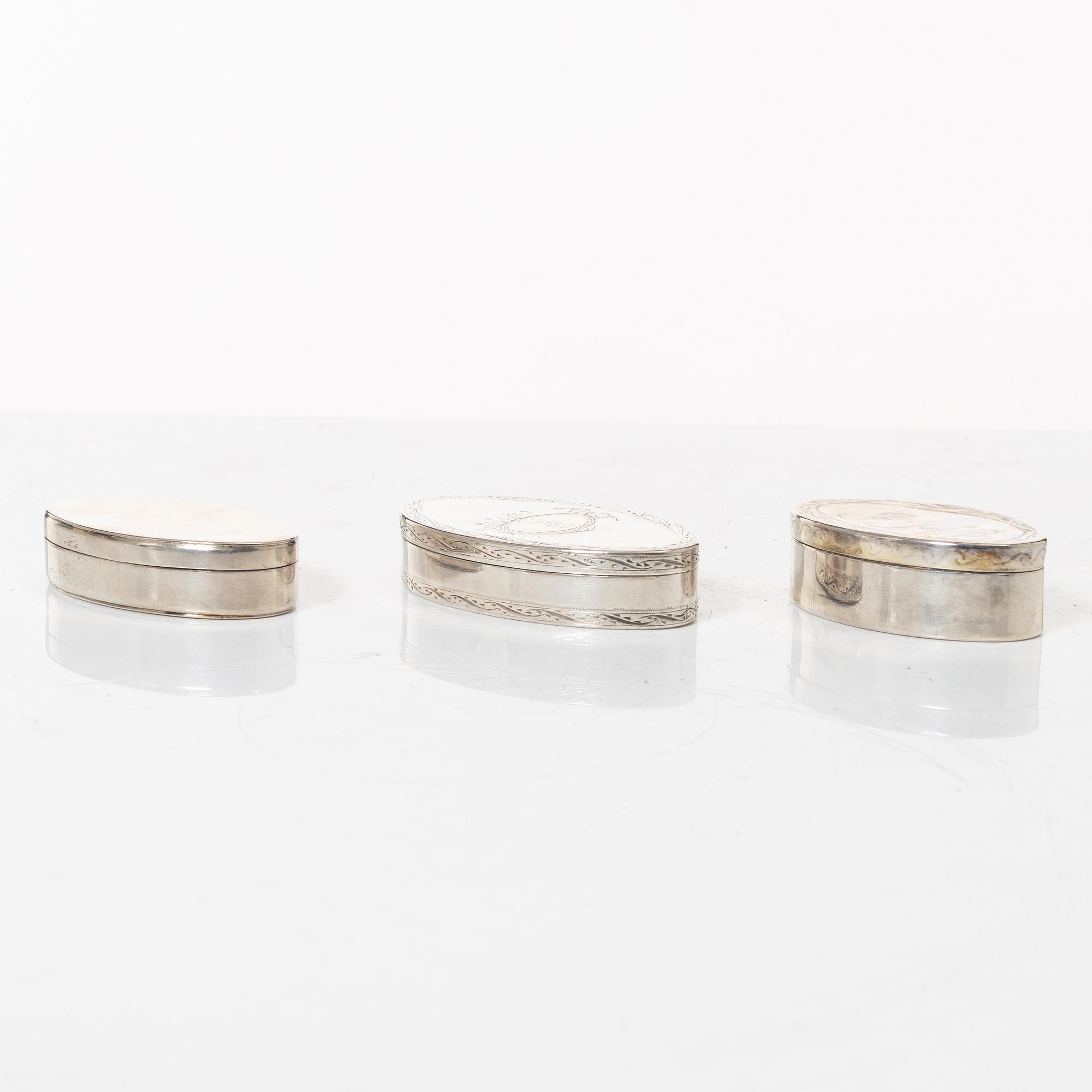 Five Swedish silver boxes, 18th-19th Century.