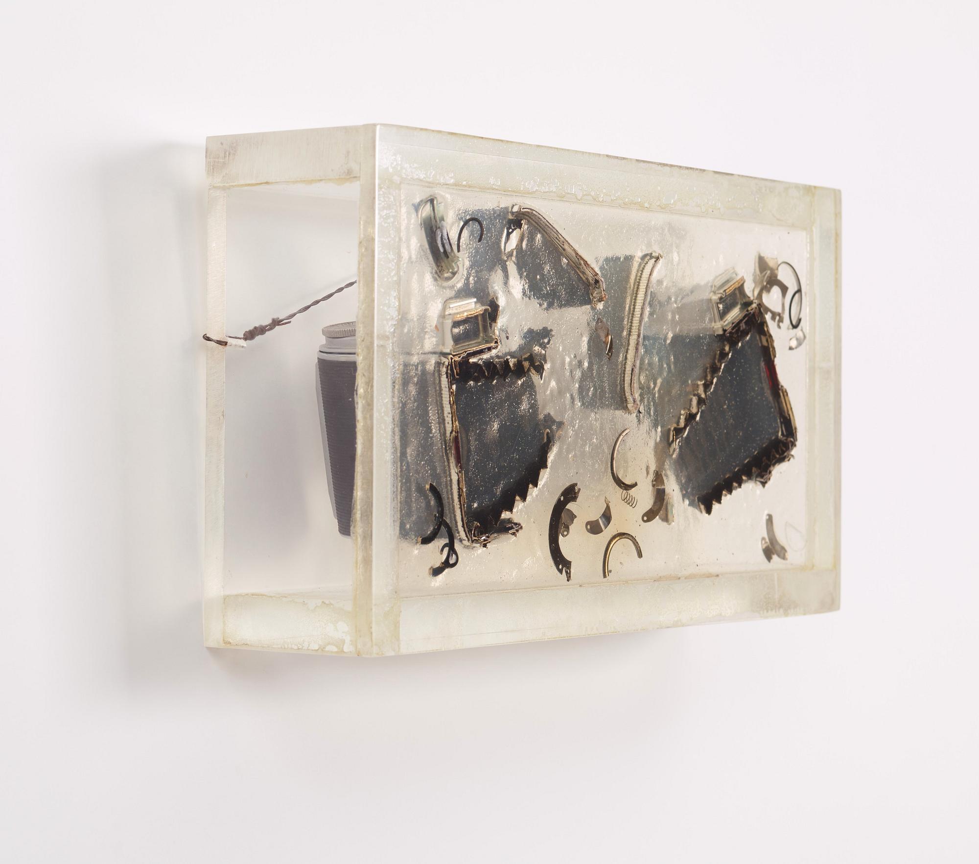 Arman, sculpture, camera parts in resin in plexiglass box, uniqe, signed Arman.