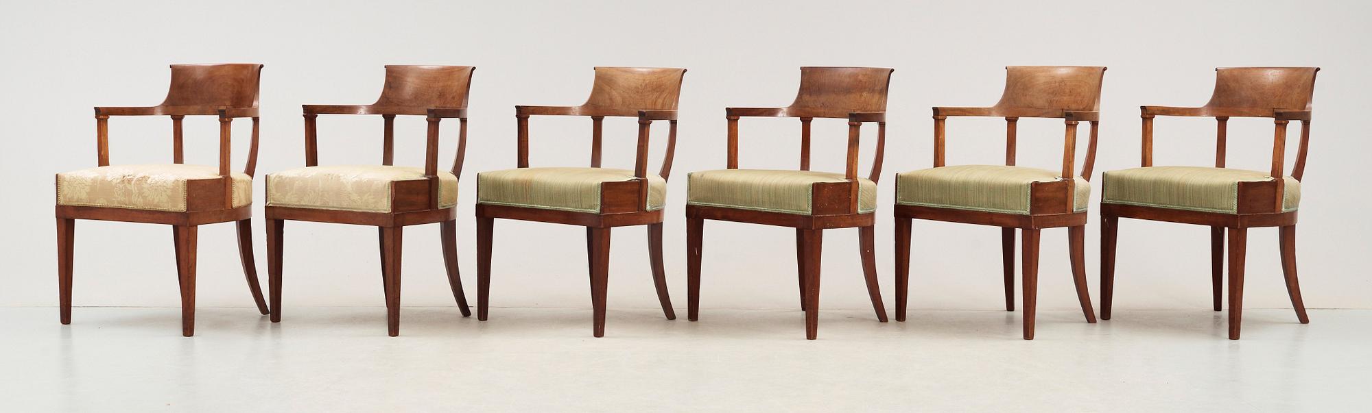 Six Swedish Empire 19th century armchairs.