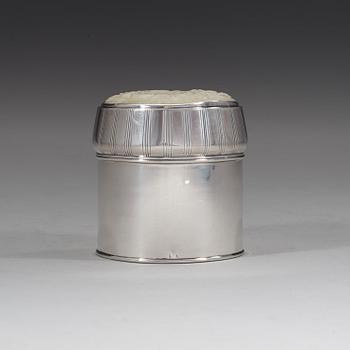 A W.A. Bolin sterling box, Stockholm 1952, the lid with carved nephrite.