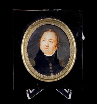 MINIATYRPORTRÄTT, gouache på ben, ram i svart trä samt mässing. Dat 1816.