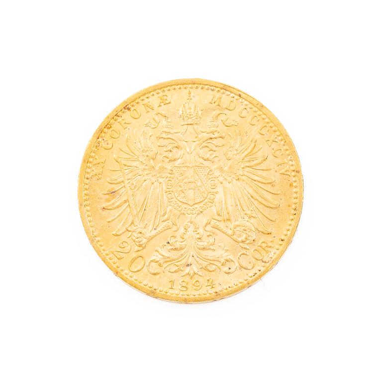 Gold coin, Austria-Hungary, 20 Corona, 1894.