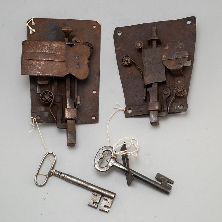 Two iron door locks with keys, 18th or early 19th century.