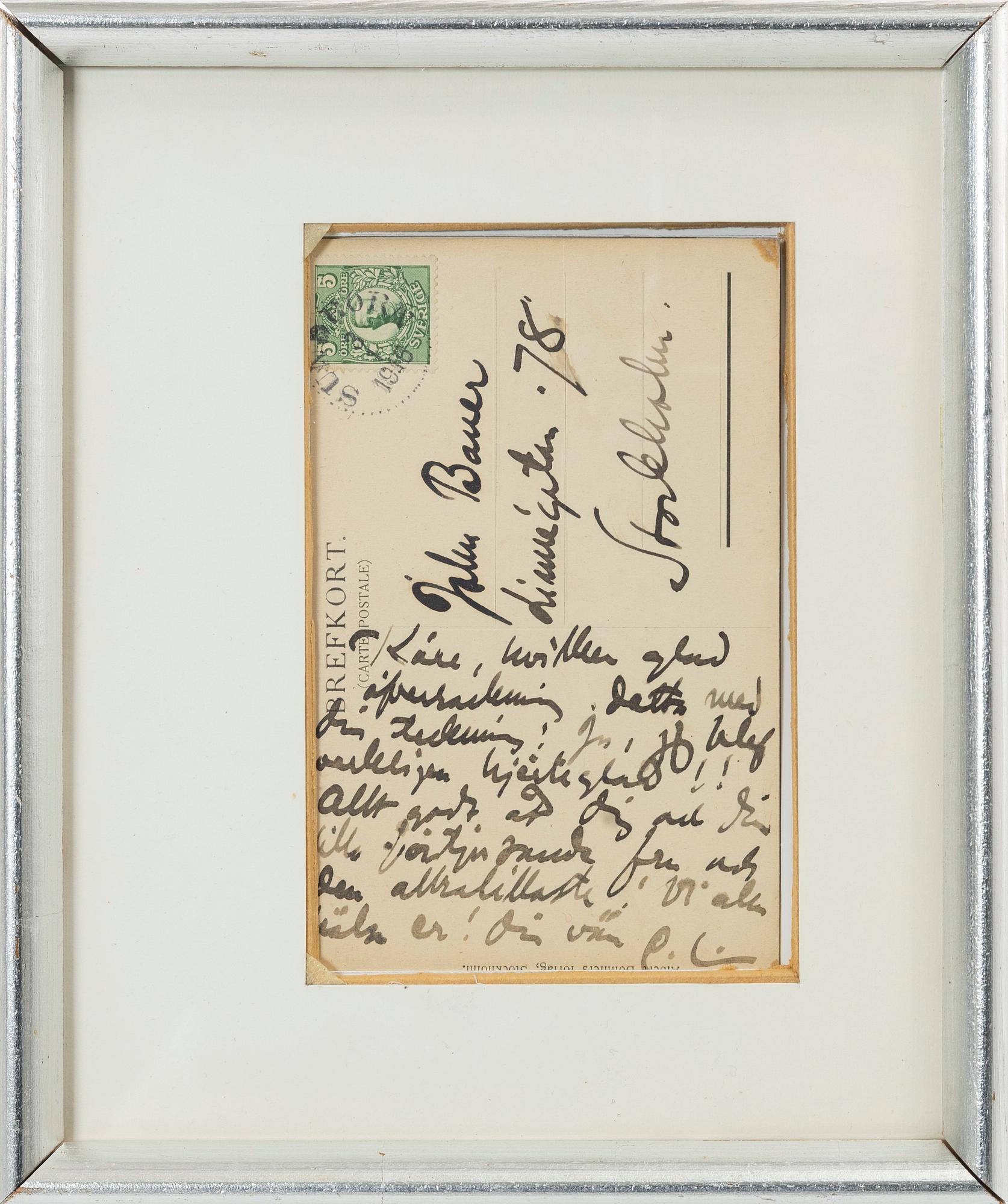 Carl Larsson, Autographed postcard from Carl Larsson to John Bauer, dated Sundborn 1916.