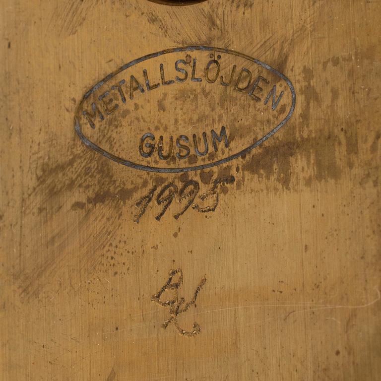 A pair of brass wall candelabras, for Gusum, signed BK and dated 1995 and 1997.