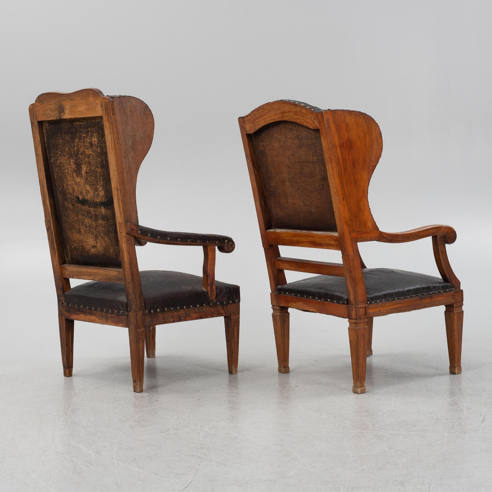 Two similar wing-back chairs, Northern Europe, late 18th century.