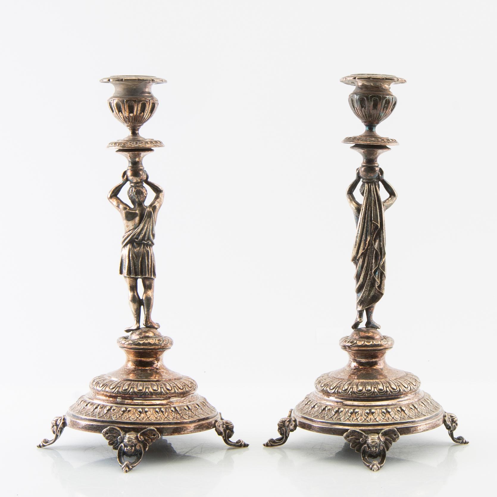 Candelabras, a pair of silver plate, late 19th century, Renaissance style.