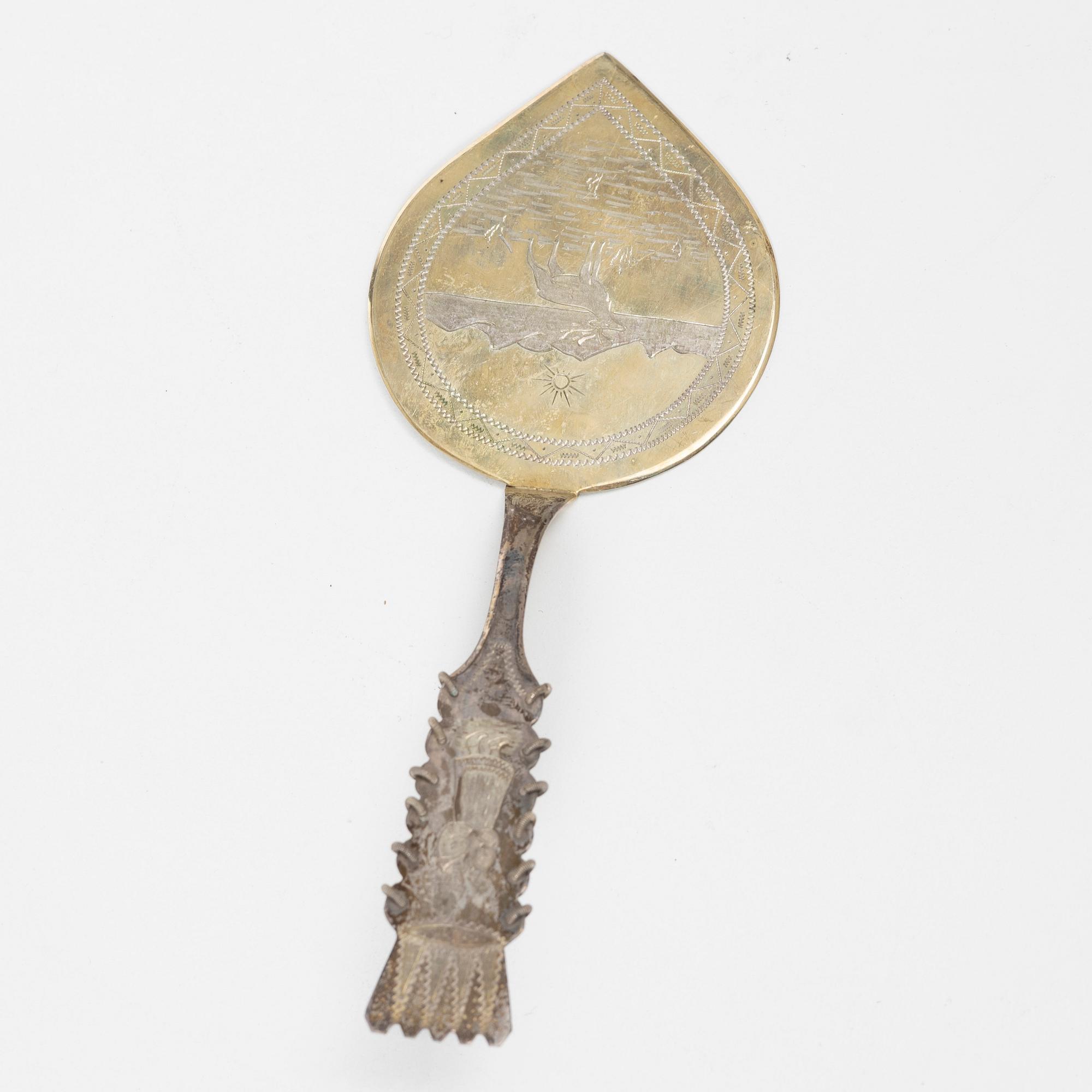 Bestick, 14 st, silver, med dekor av samer och renar, bl a Fritz Olsson, Luleå 1965.