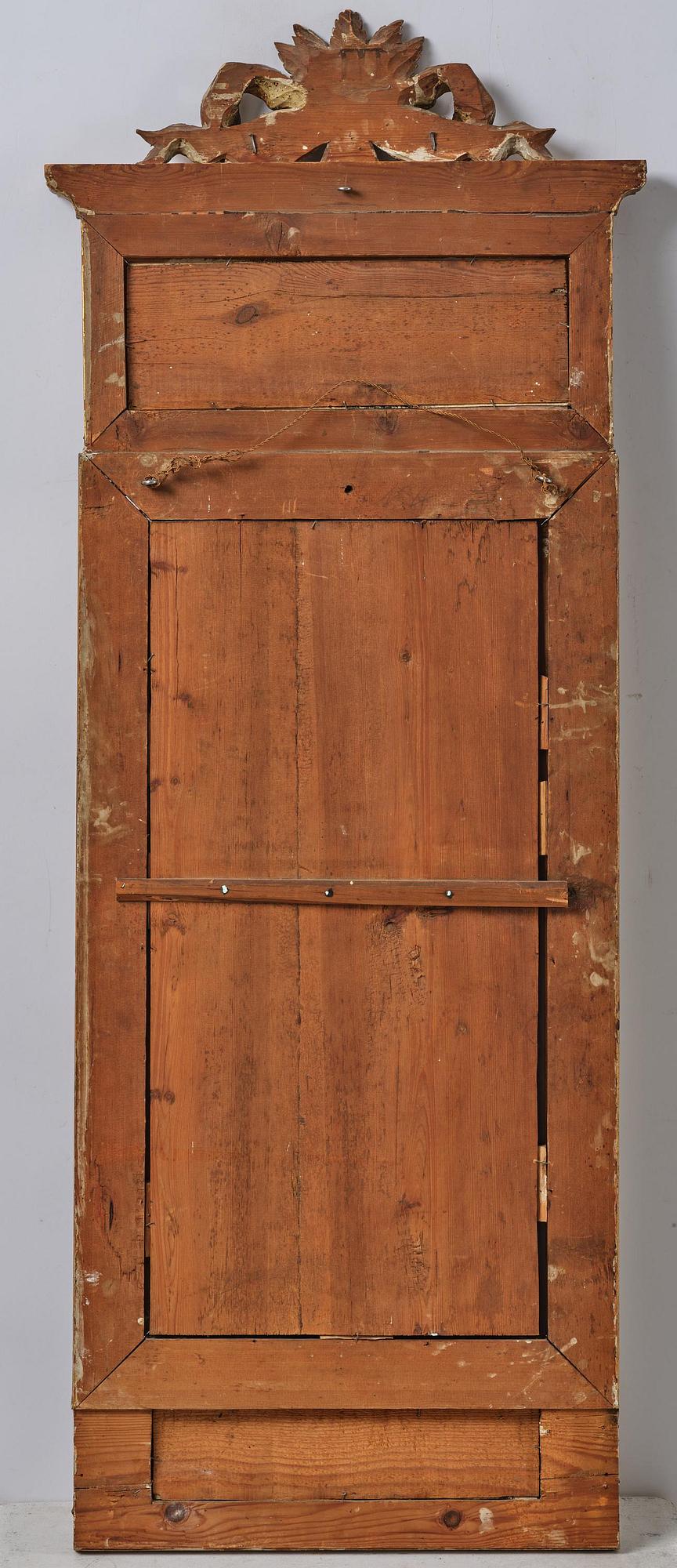 A pair of late Gustavian giltwood and gouache-inset mirrors, Stockholm, late 18th century.