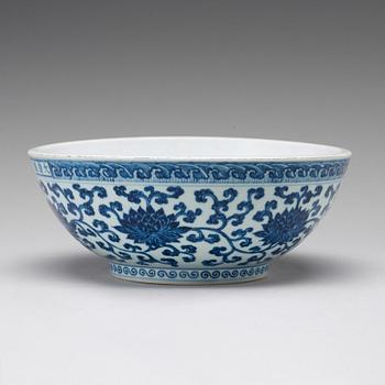 A large blue and white Ming style 'dice' bowl, Qing dynasty, Yongzhengs six character mark and period (1723-35).